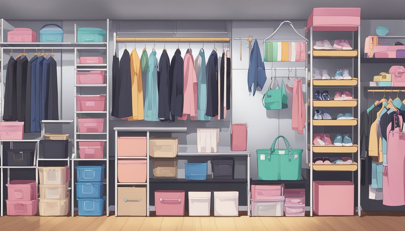 Various storage accessories and organizers neatly arranged on a shelf, including hangers, garment bags, and storage boxes, specifically designed for sex doll storage