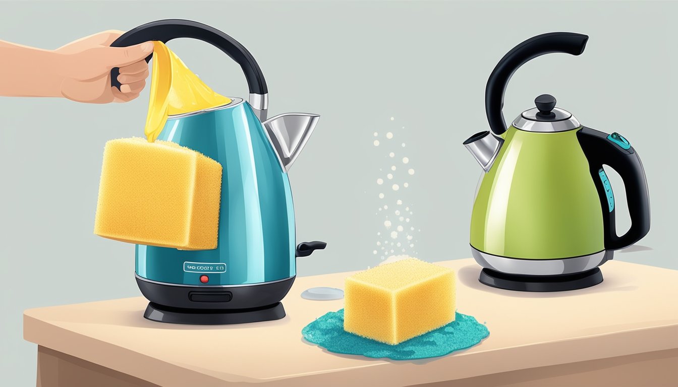 A hand holding a sponge wiping the inside of an electric kettle, while another hand pours vinegar and water into the kettle