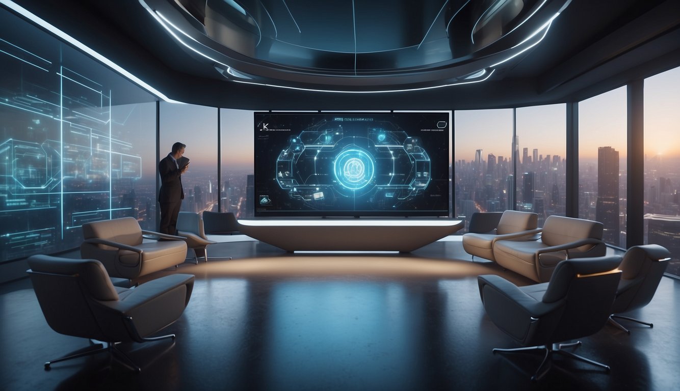 A futuristic virtual meeting room with holographic displays, AI assistants, and seamless integration of virtual and physical spaces