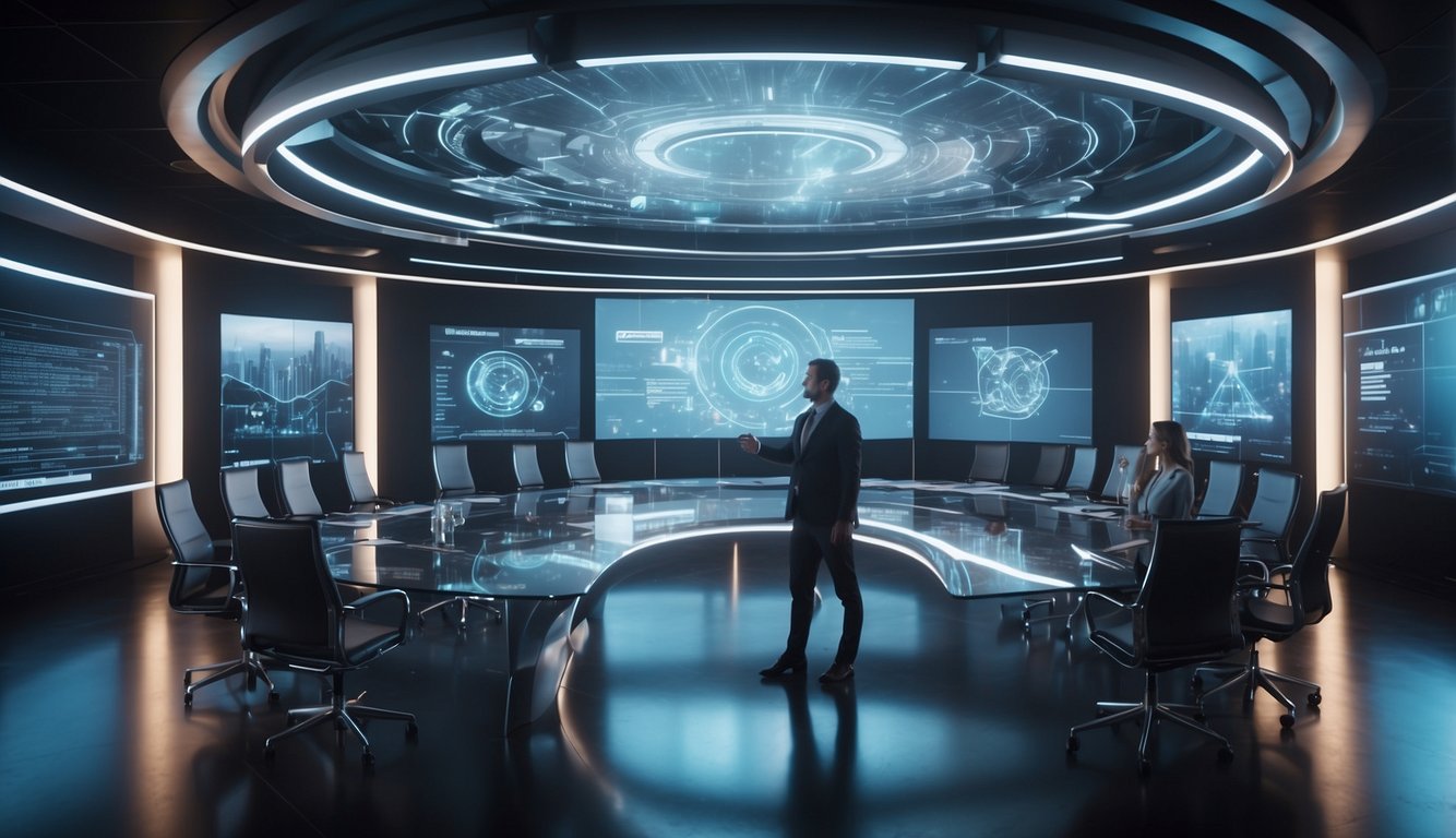 A futuristic virtual meeting room with holographic displays and interactive interfaces. High-tech equipment and advanced communication tools are seamlessly integrated