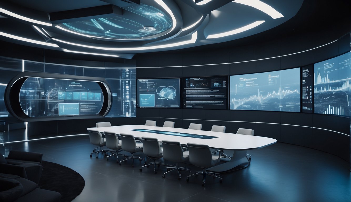 A futuristic virtual meeting room with holographic displays and interactive technology. Multiple screens show data and charts, while participants engage in discussions and collaborate seamlessly