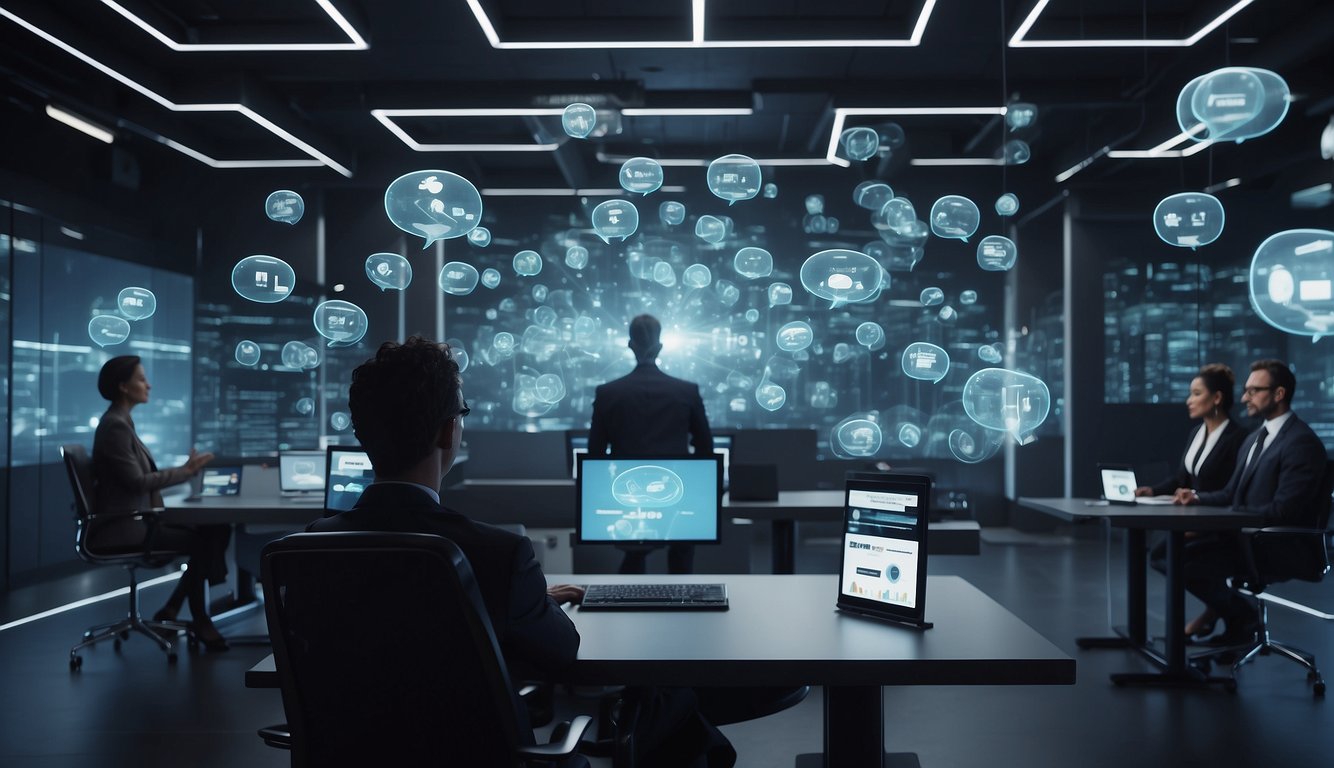 A virtual meeting with interactive screens, floating chat bubbles, and digital avatars networking in a futuristic virtual environment