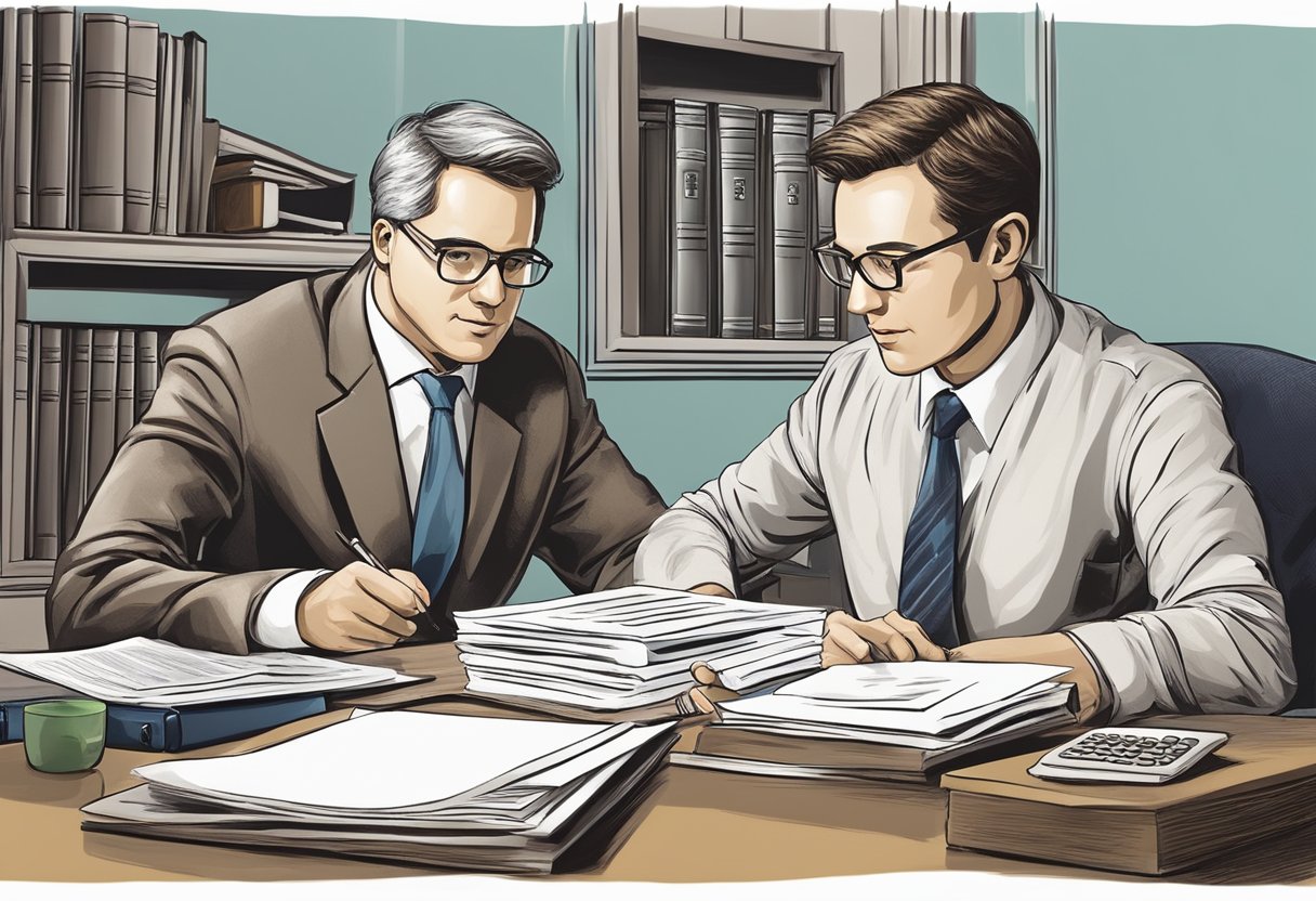 A person seeking legal advice on superindebtedness, sitting across from a lawyer, discussing financial documents and options for assistance