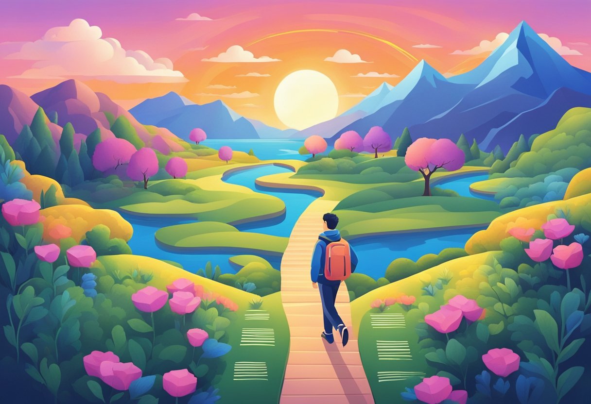 A serene landscape with a vibrant sunset, a book open to a page of motivational quotes, and a person walking peacefully along a path
