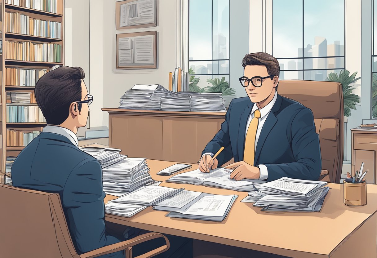 A person seeking legal advice on superindebtedness, sitting at a desk with paperwork, talking to a lawyer