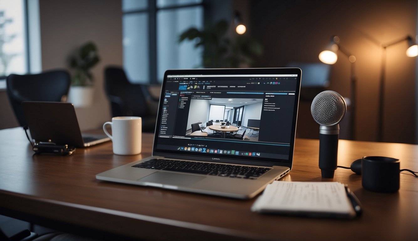 A virtual meeting setup with a laptop, microphone, and notepad on a desk, surrounded by a comfortable chair and good lighting