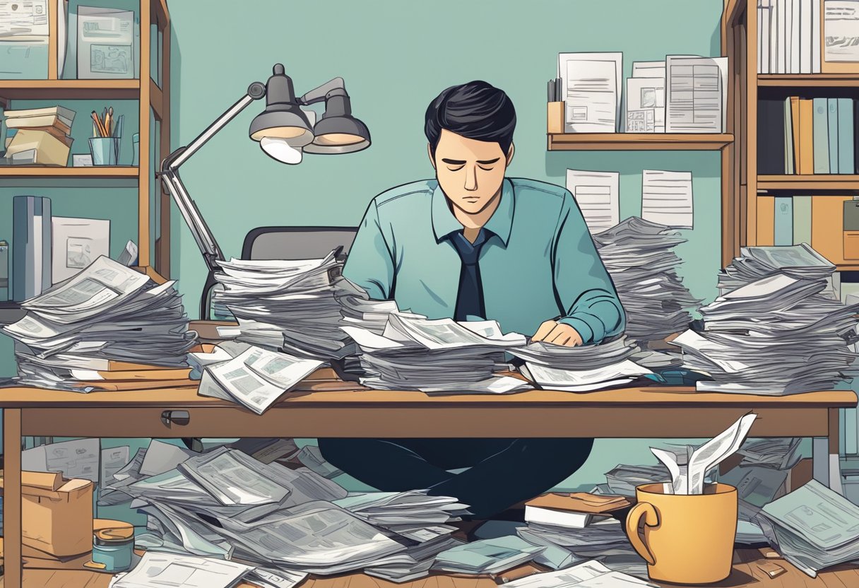 A person sits at a cluttered desk, surrounded by bills and financial documents. They look overwhelmed and stressed as they search for help with their superindebtedness