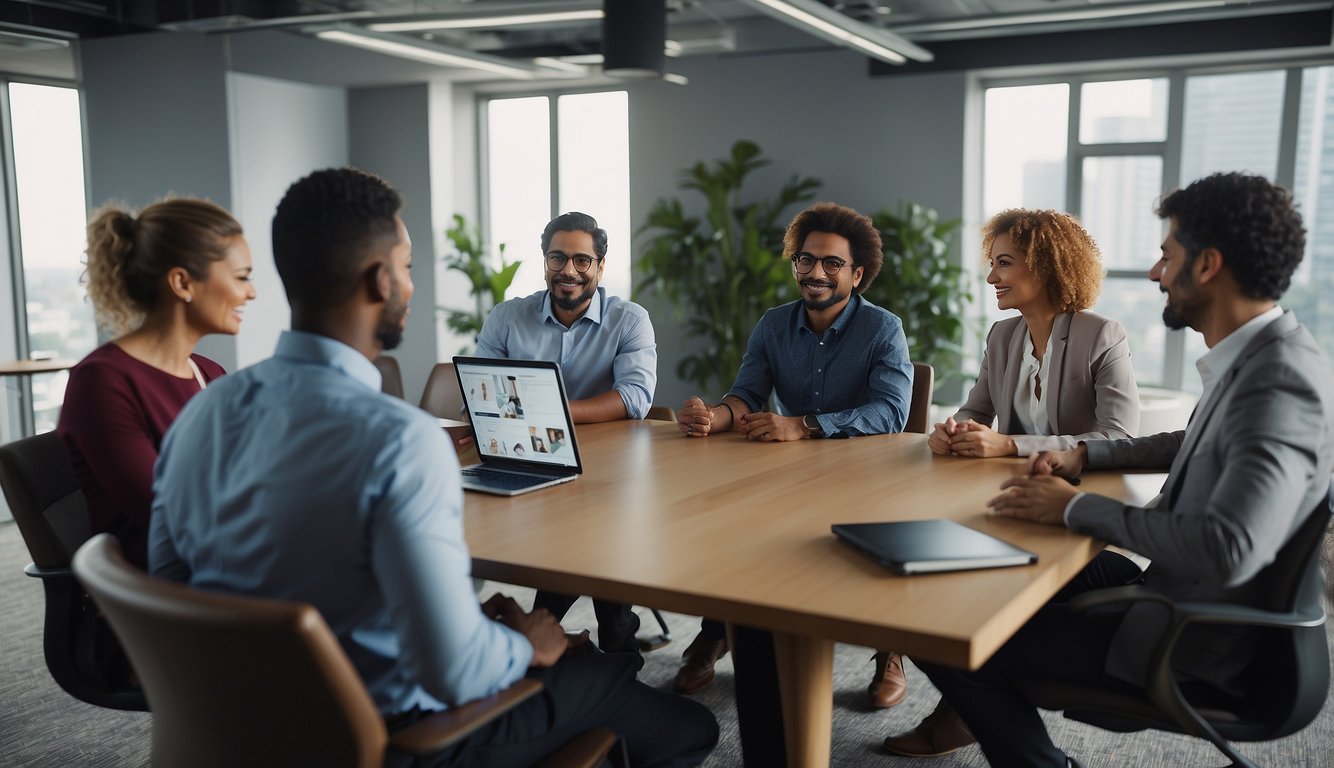 A virtual meeting with engaging visuals and interactive elements. Participants are fully engaged, exchanging ideas and collaborating. Post-meeting follow-up includes sharing resources and action items