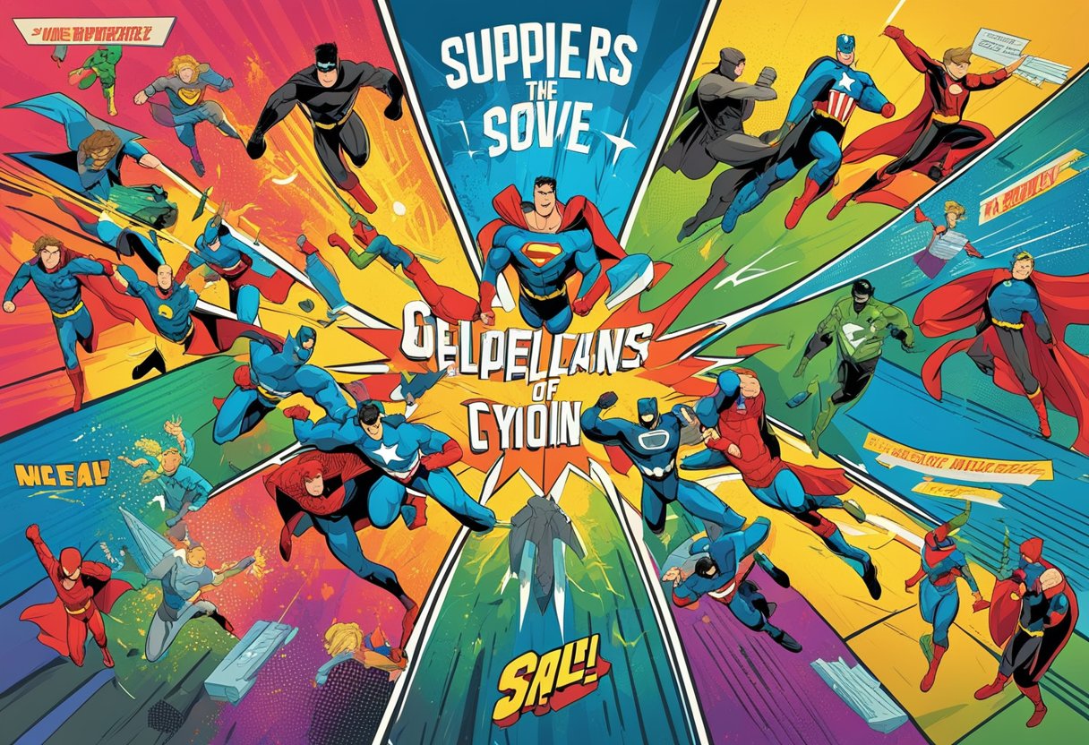 A collection of superhero quotes displayed on a vibrant background, surrounded by dynamic comic book-style action lines and bursts