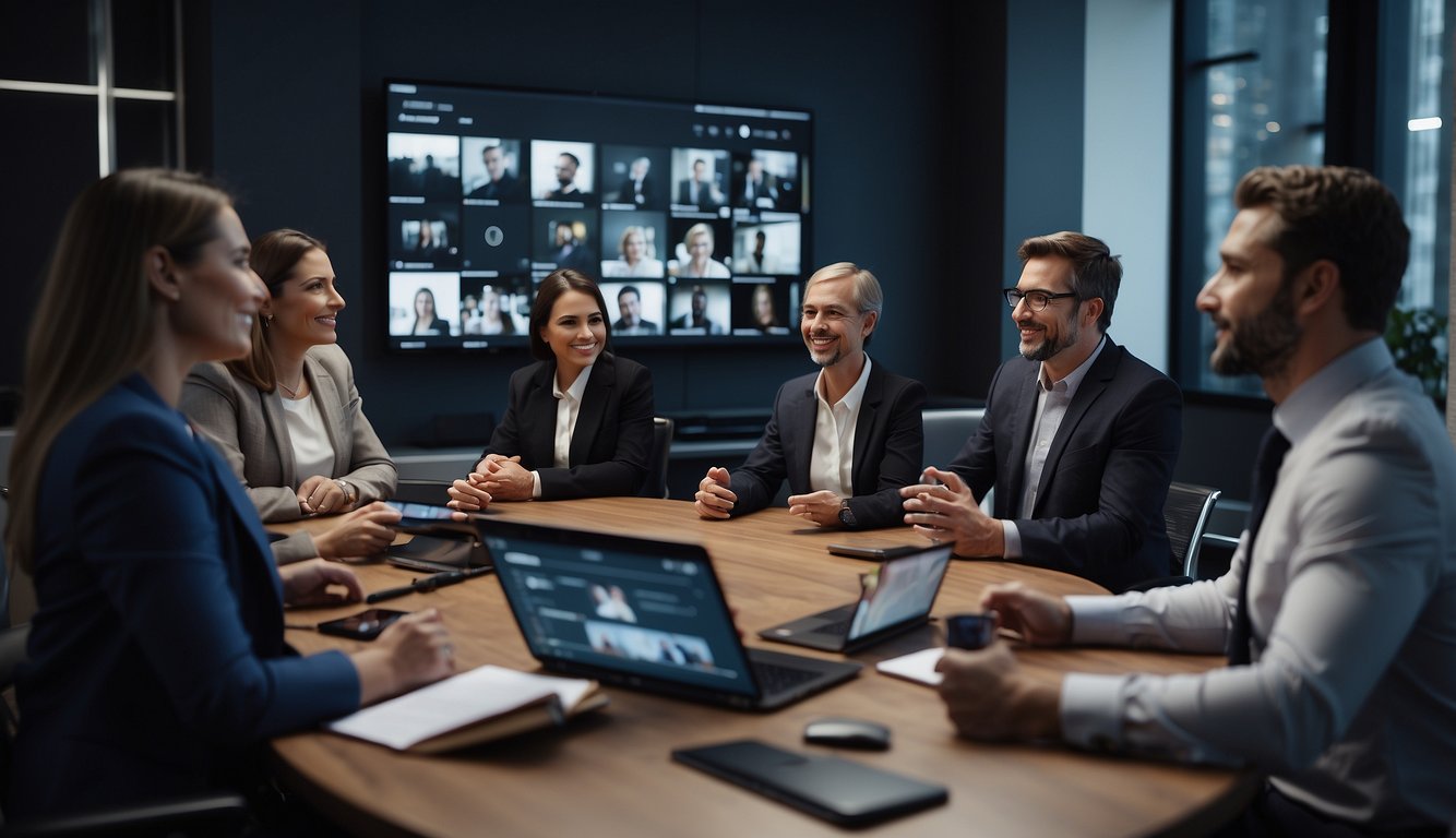 A virtual meeting platform with various tools and features in use. Multiple participants engaging in discussions and sharing content