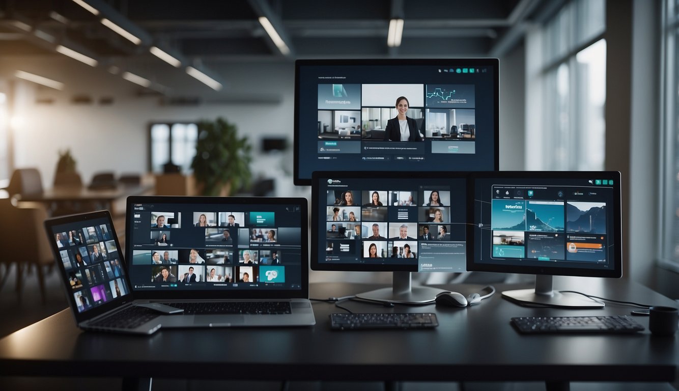 A virtual meeting platform with various tools and features for enhanced communication and collaboration. Multiple screens showing video feeds, chat boxes, and shared documents