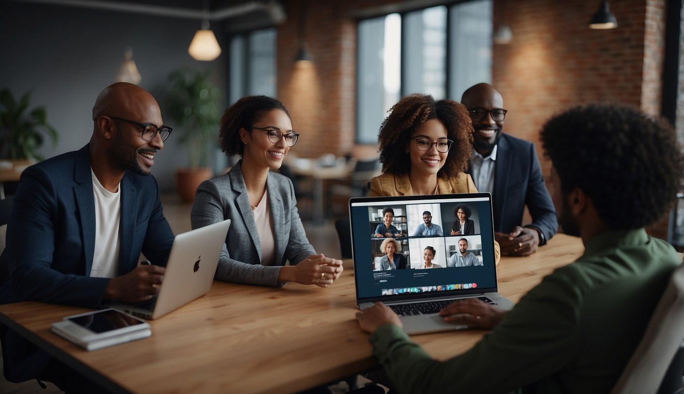 A group of diverse individuals collaborate on a virtual platform, problem-solving and brainstorming to overcome technical challenges in a virtual meeting setting