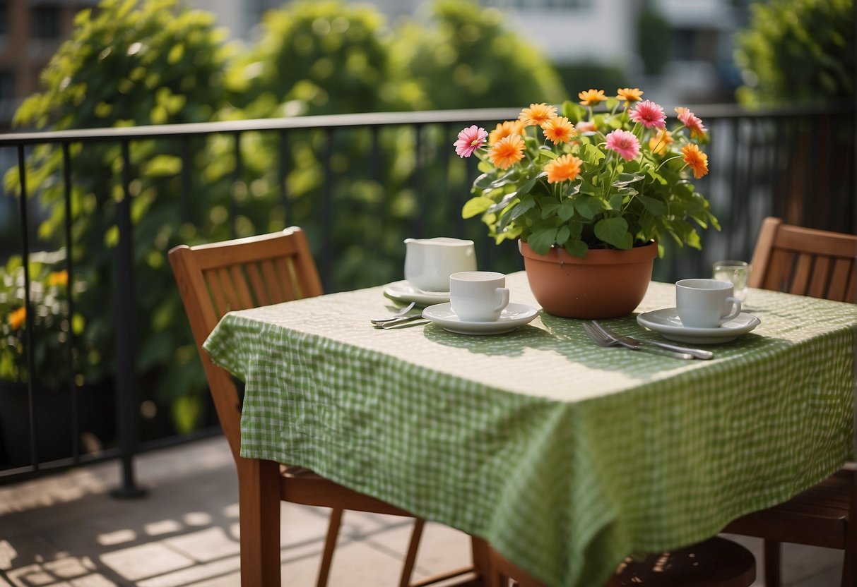 Lush greenery surrounds a small table with a colorful tablecloth, set for a charming outdoor meal on a balcony garden