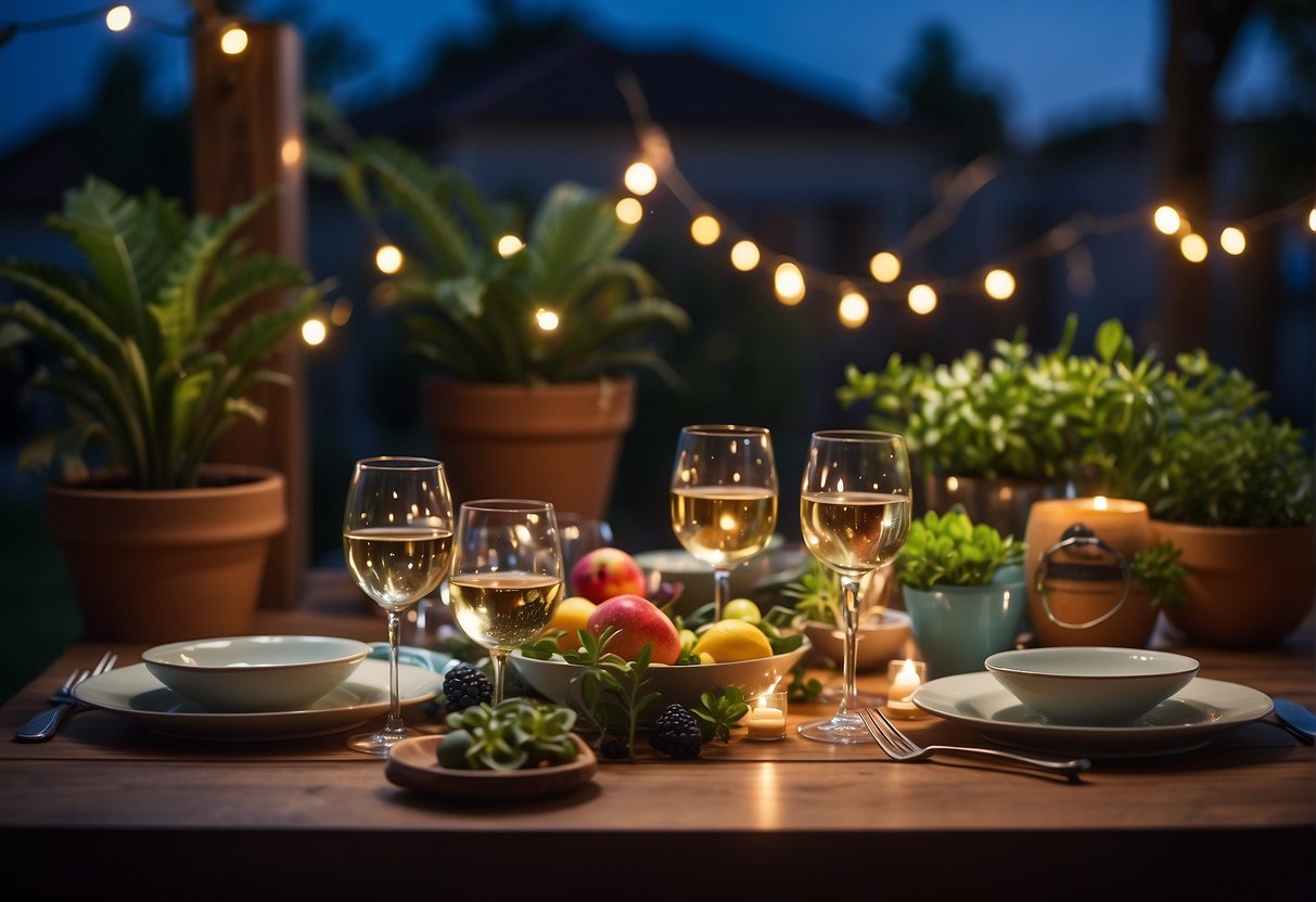 A table set with colorful dishes and glasses, surrounded by potted plants and twinkling lights, under a starry night sky
