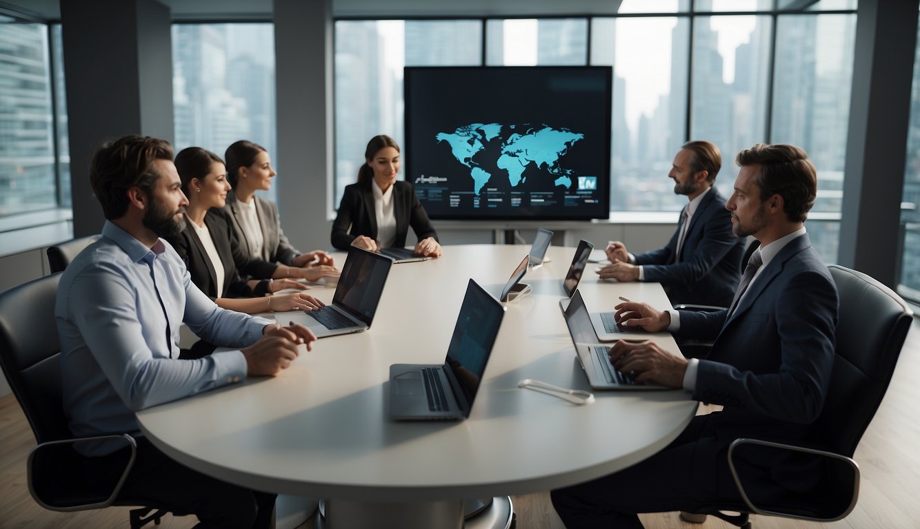 A virtual meeting scene with various devices connected to a central hub, displaying smooth communication and problem-solving strategies