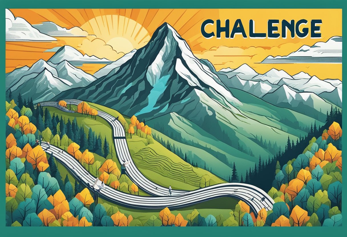 A mountain peak with a winding trail, a bold sunrise, and a banner reading "Challenge Yourself" in bold lettering