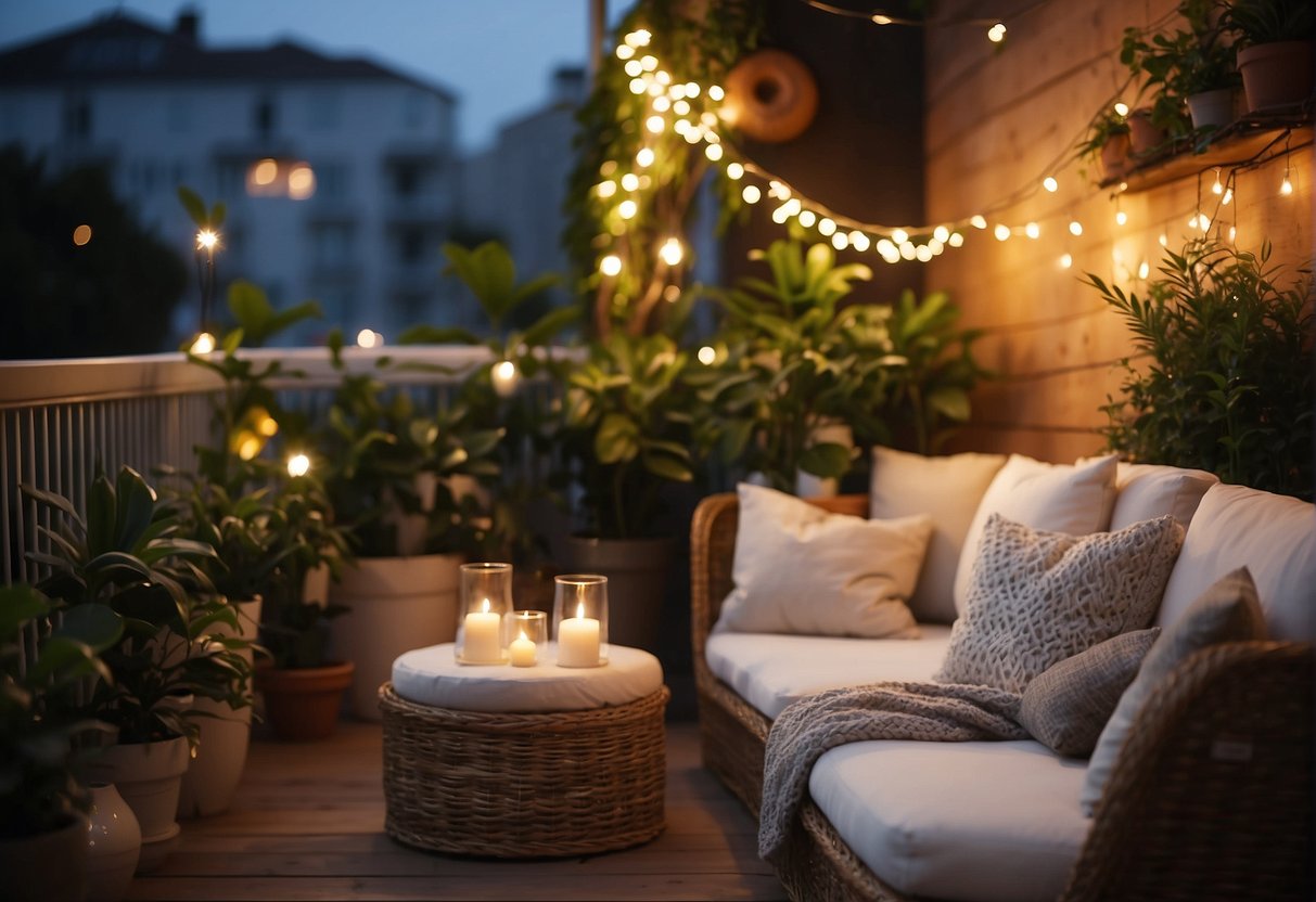 A cozy balcony garden, with twinkling string lights, plush cushions on wicker furniture, and potted plants creating a lush, inviting atmosphere for al fresco entertaining