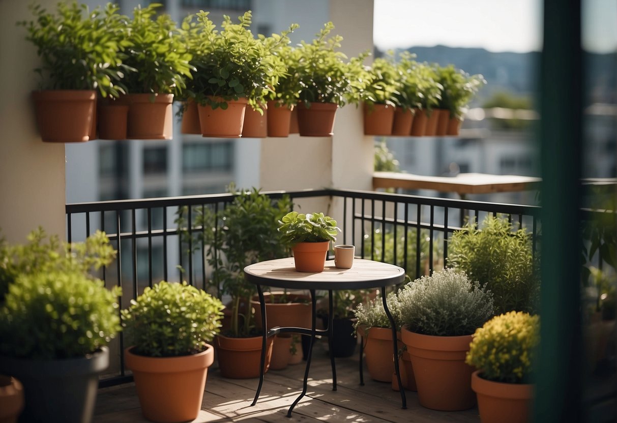 A balcony garden with outdoor seating, a small dining table, and potted plants, perfect for al fresco entertaining