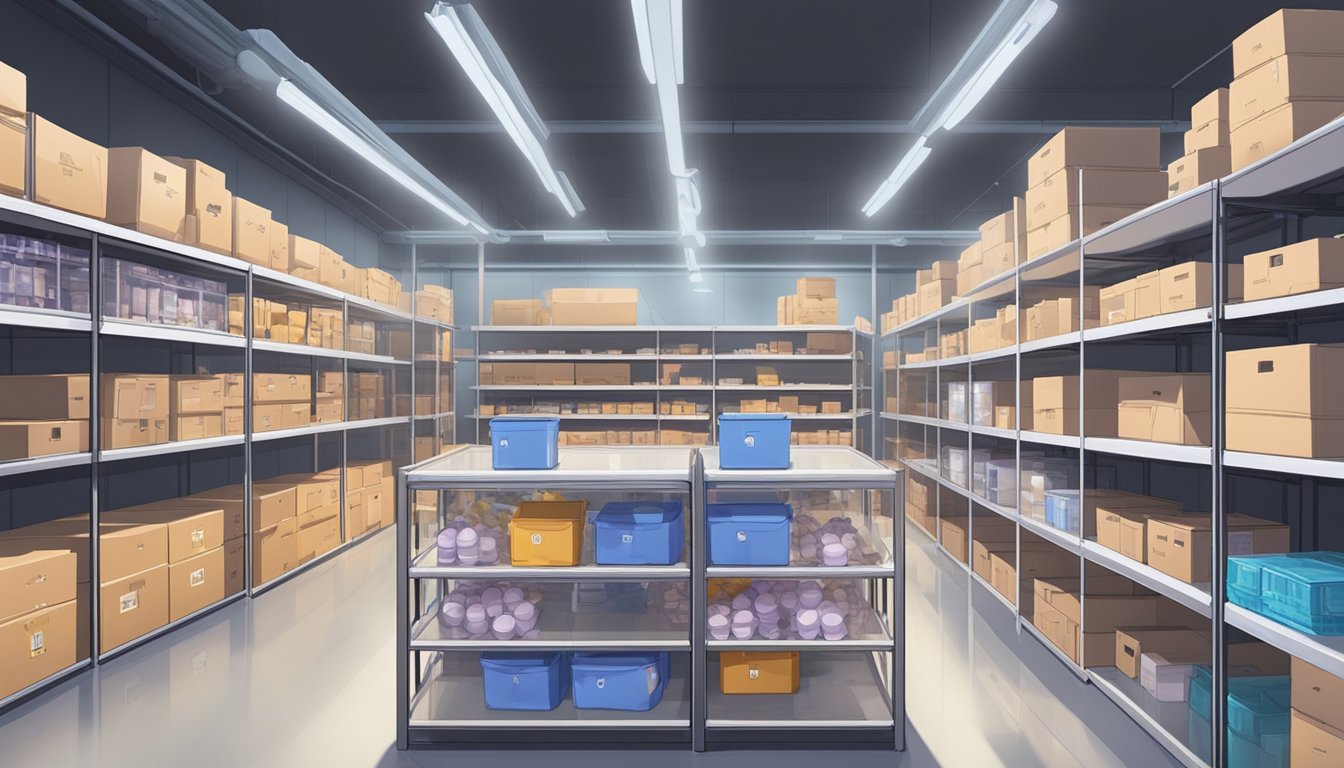 A secure, climate-controlled storage facility with shelves of neatly organized dolls, each carefully wrapped in protective packaging. Bright signage advertises insurance options for added peace of mind