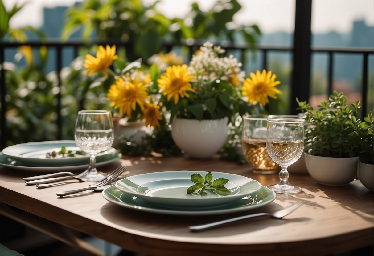 A table set with vibrant plates and glassware on a balcony surrounded by lush plants and flowers