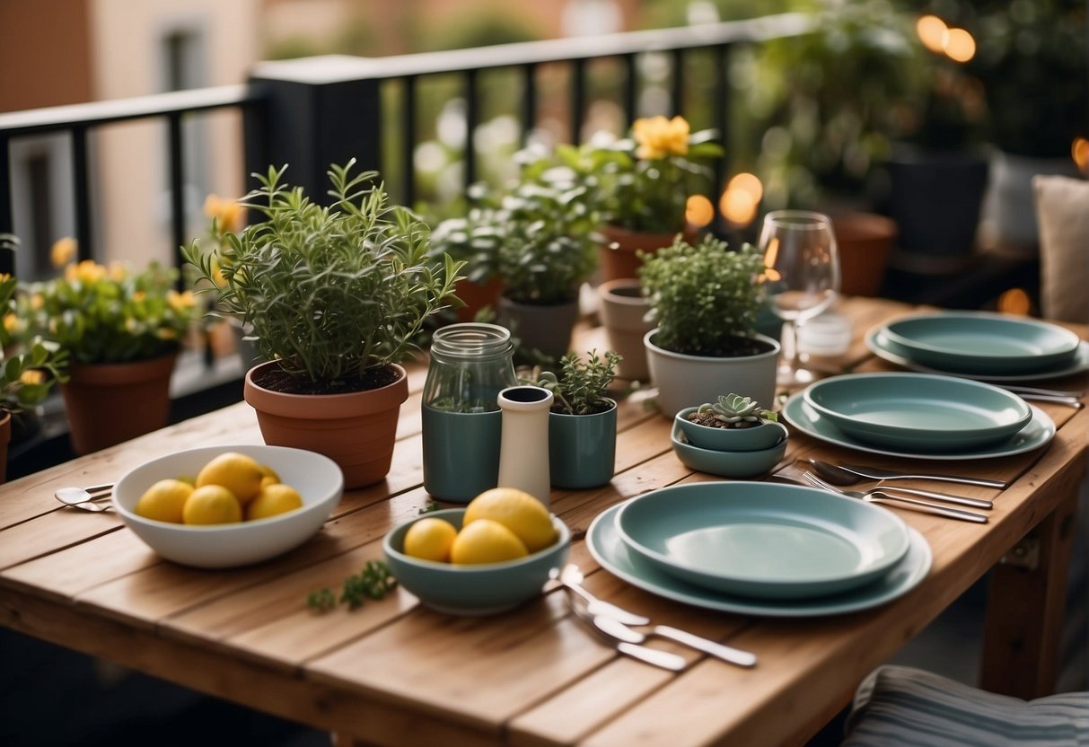 A table set with reusable dishware and surrounded by potted plants and solar-powered lights, creating an eco-conscious and sustainable al fresco dining experience in a balcony garden