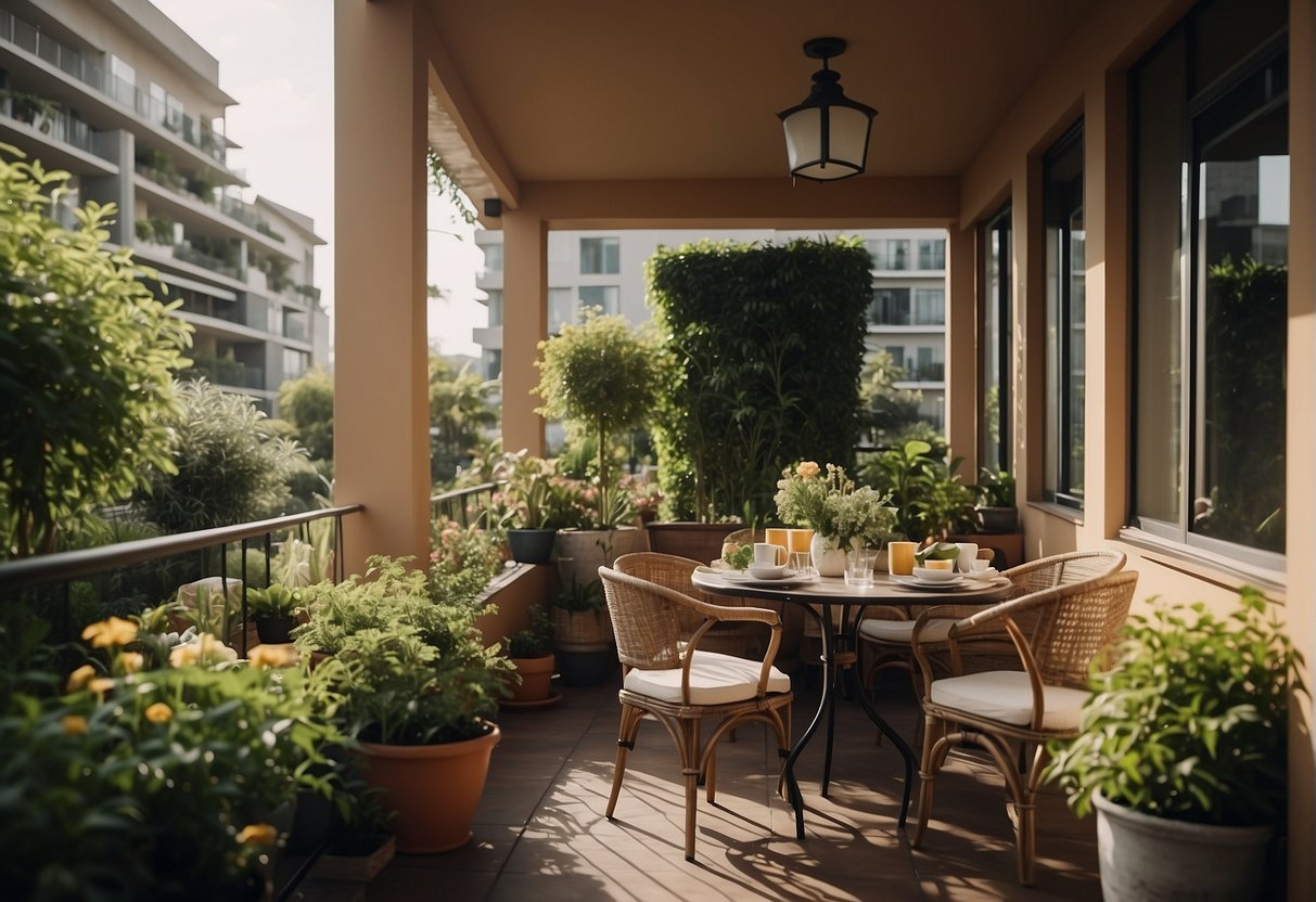 A lush balcony garden with a dining area set for al fresco entertaining