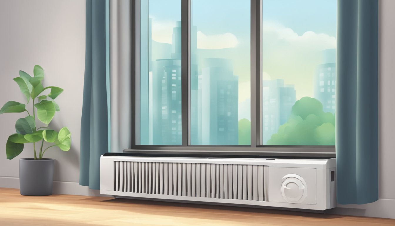 A modern air conditioner sits on a windowsill, with the cost displayed prominently on a price tag. The cooling unit hums softly as it circulates cool air