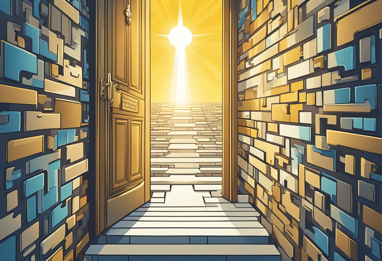 A bright light shining down on a path of motivational quotes leading towards a door labeled "Opportunity" with a keyhole in the shape of a puzzle piece