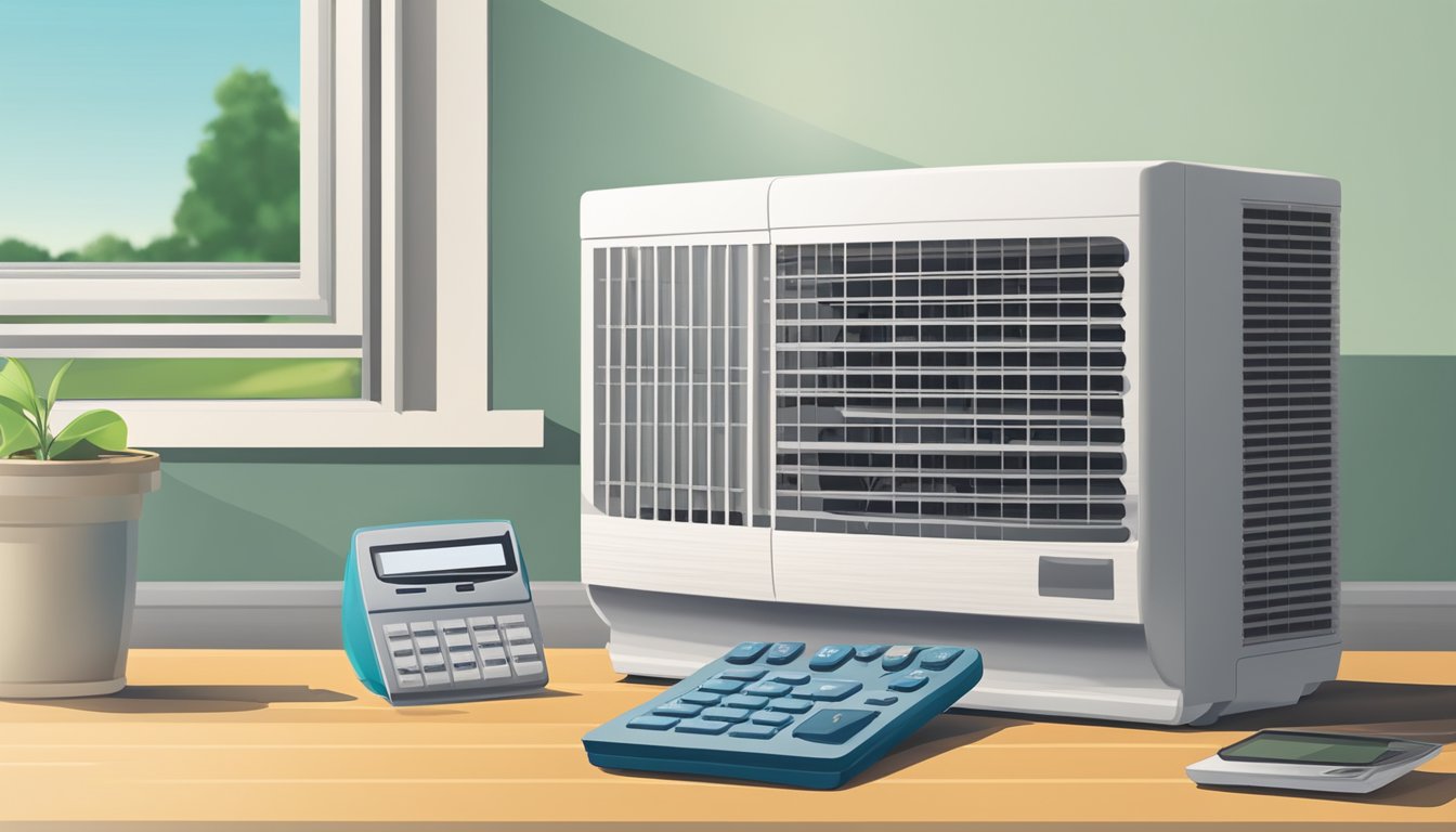 An air conditioner sits next to a calculator and a list of expenses, symbolizing the evaluation of long-term value