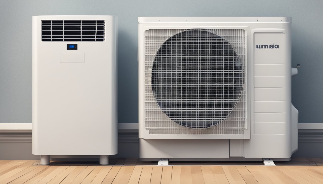 A modern air conditioner unit surrounded by question marks and a price tag