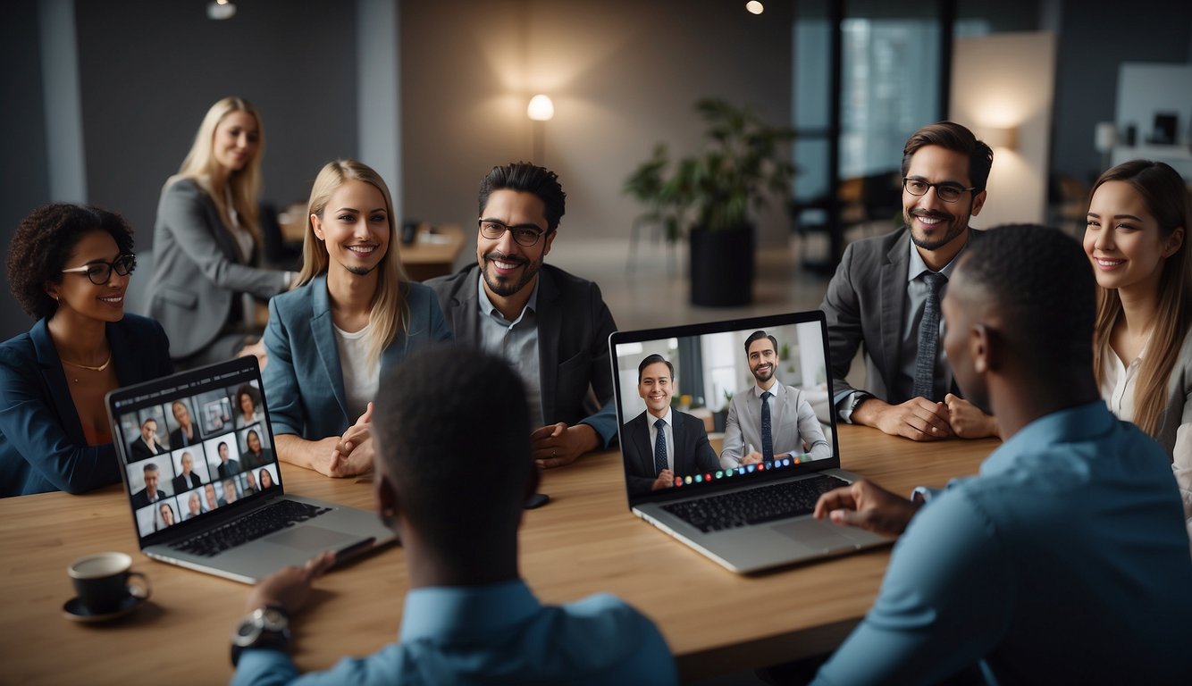 A virtual meeting with diverse participants, engaging in discussion with visual aids on screen, creating an impactful and interactive atmosphere
