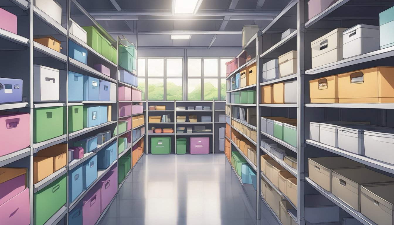 A well-organized space with labeled storage bins, clear pathways, and efficient use of shelving and furniture