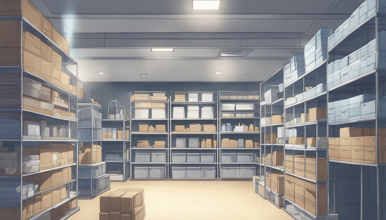 A well-organized space with labeled storage containers, clear pathways, and efficient use of shelving and furniture