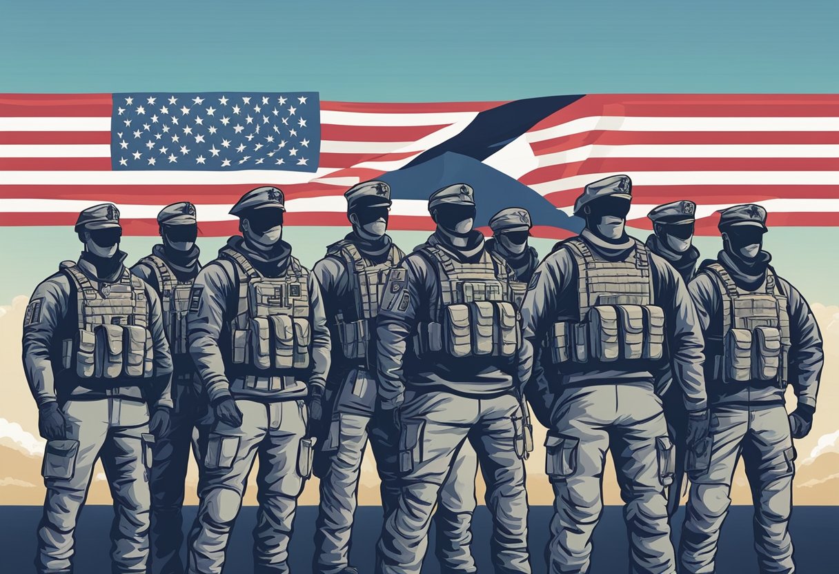 A group of navy seals standing in formation, with a backdrop of an American flag and a powerful motivational quote displayed prominently