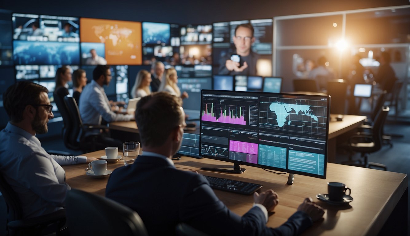 A virtual meeting with multimedia elements: a vibrant screen displaying charts, videos, and graphics, surrounded by engaged participants in a digital workspace