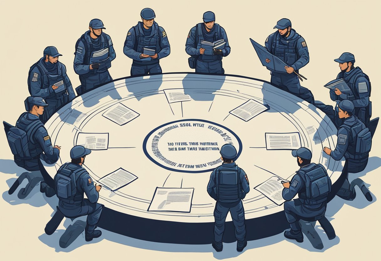 A group of navy seals stand in a circle, reading motivational quotes from a board. Their determined expressions show their commitment to their mission
