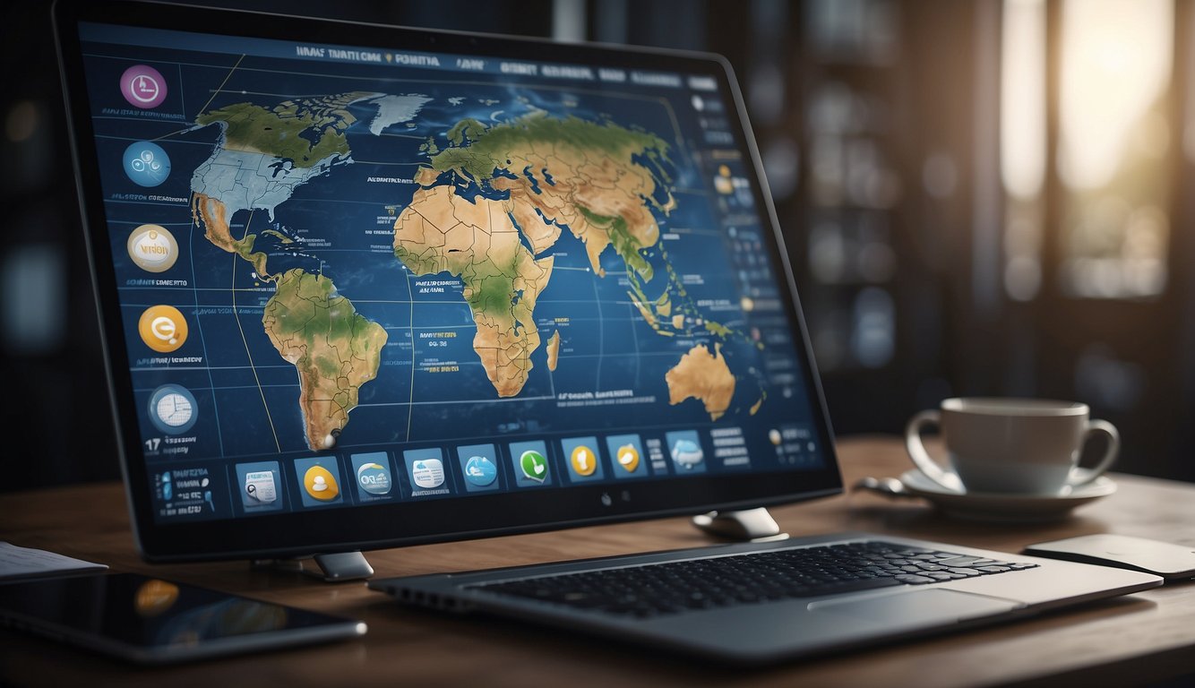 A virtual meeting with a clock showing different time zones, a calendar with scheduled meetings, and a computer screen displaying a well-organized agenda