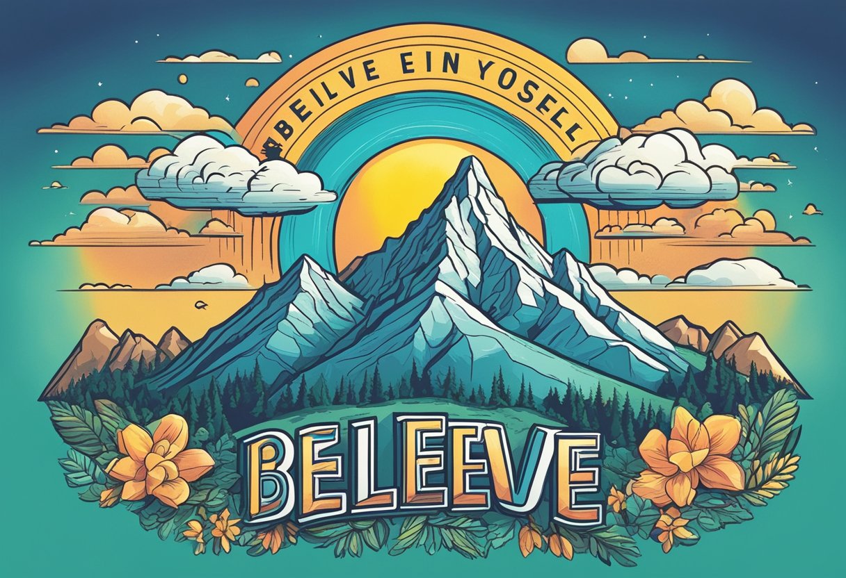 A bright sunrise over a mountain peak with the quote "Believe in yourself" written in bold letters in the sky