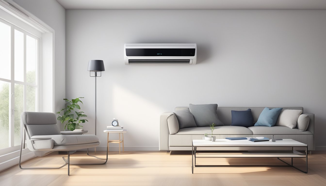 A shiny new air conditioner installed in a clean, modern room with white walls and a large window