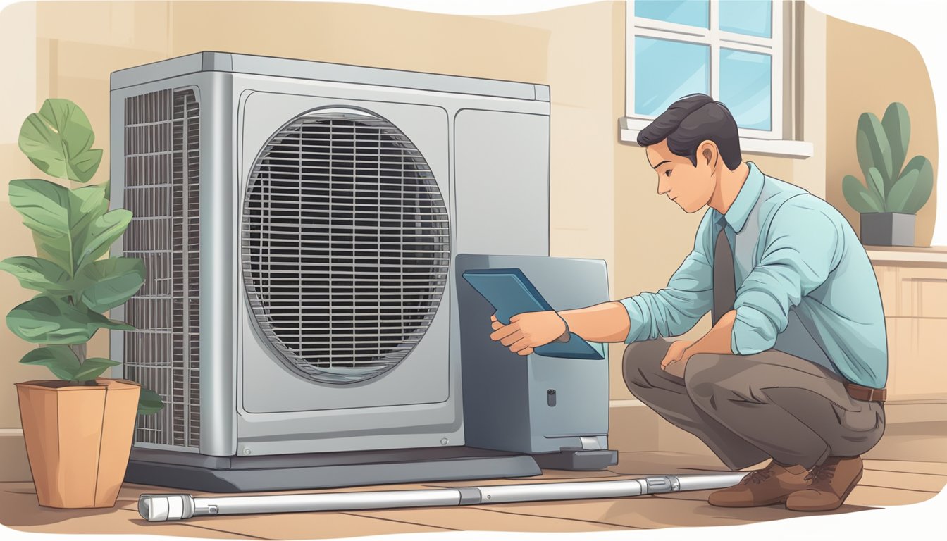A new air conditioner surrounded by a list of frequently asked questions, with a customer service representative nearby for assistance