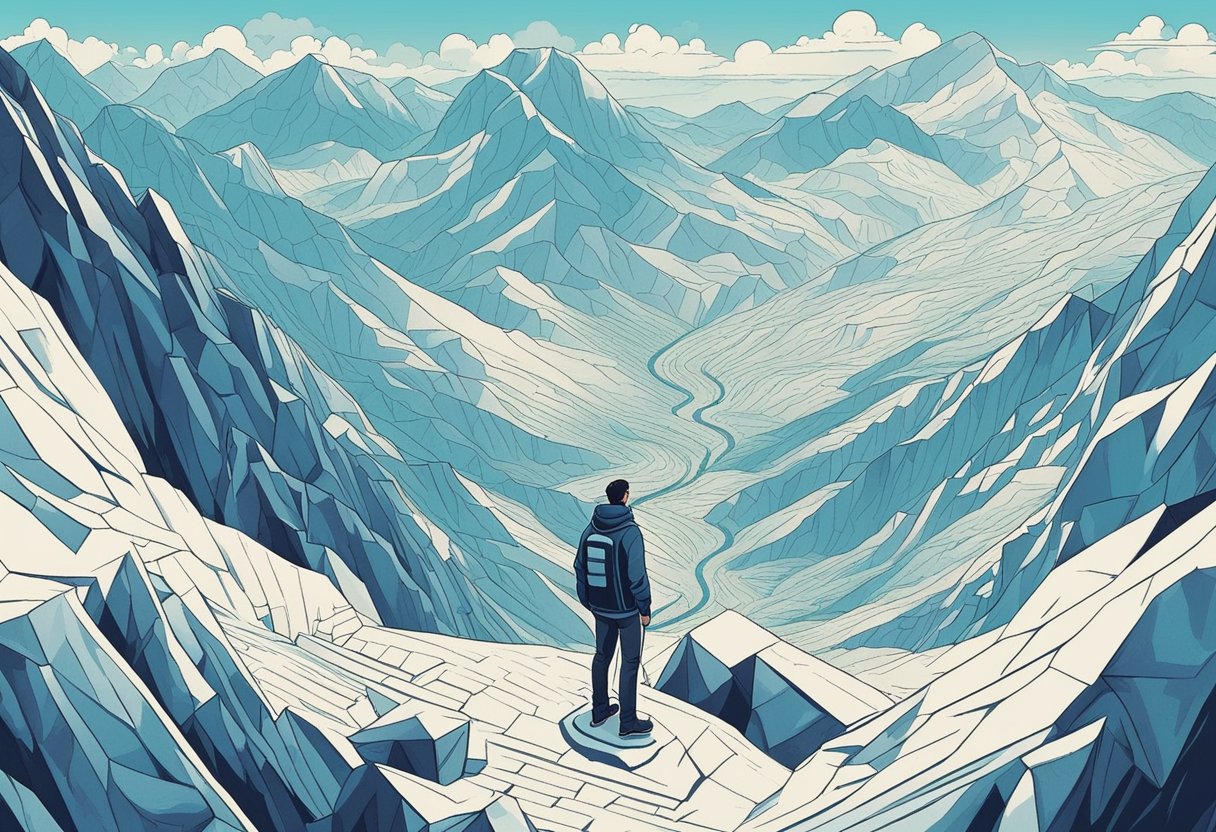A lone figure conquers a mountainous landscape, facing obstacles with determination. A quote about overcoming challenges is prominently displayed