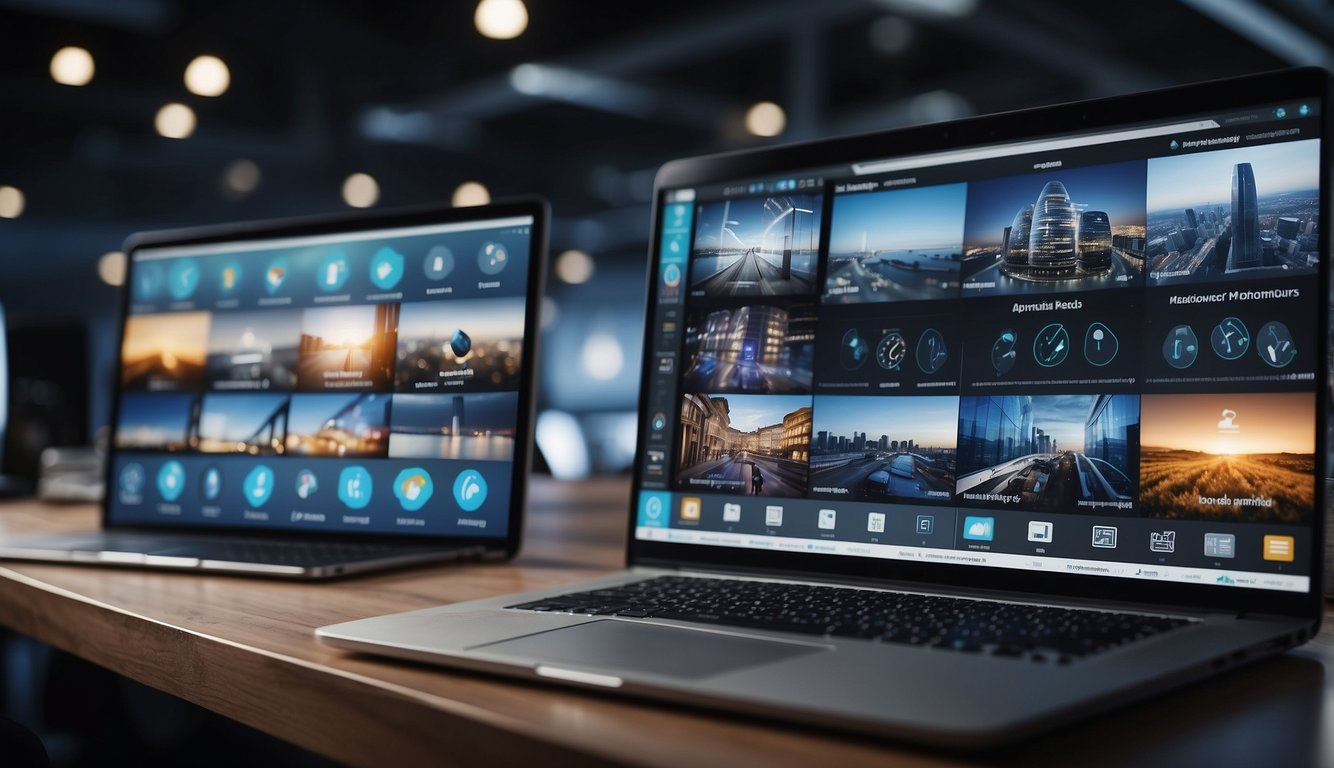 Multiple devices connected wirelessly, displaying shared documents and video feeds. Virtual meeting agenda and time management tools visible on screens