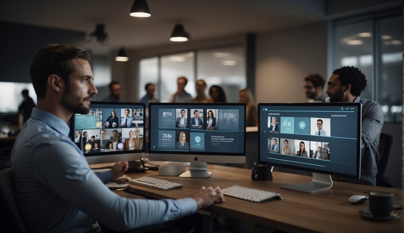 A virtual meeting with engaged participants, using time management techniques to enhance productivity. Multiple screens display interactive content and collaborative tools