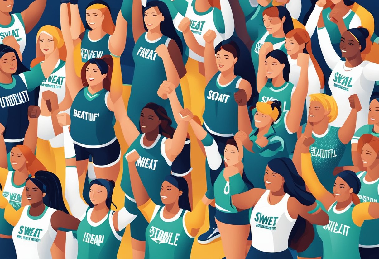 A group of female athletes stand tall, fists raised in victory, with quotes like "Strong is beautiful" and "Sweat, smile, repeat" surrounding them