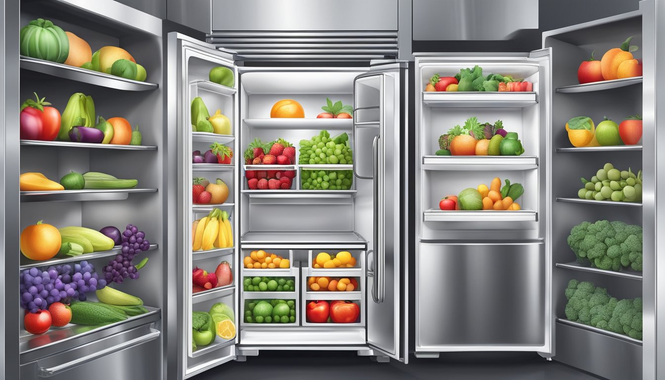 A shiny, stainless steel refrigerator with neatly organized shelves and a full array of colorful fruits and vegetables inside