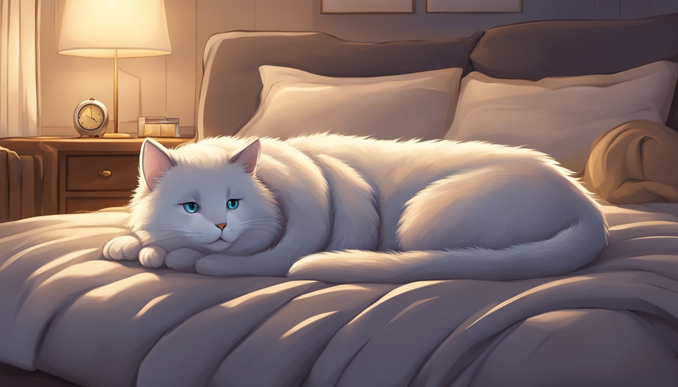 A plush, fluffy pillow cradled by a cozy bed, surrounded by soft blankets and dim lighting