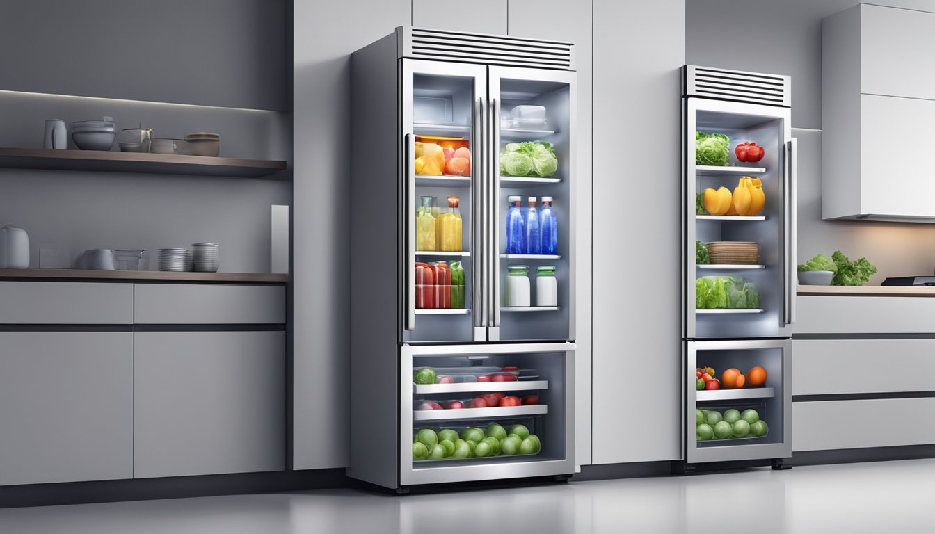 A modern refrigerator with sleek design, adjustable shelving, LED lighting, digital temperature control, and energy-efficient cooling system