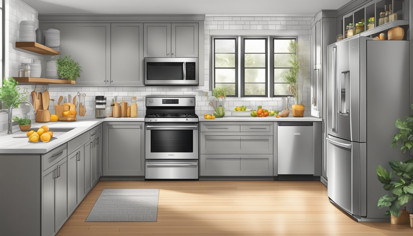 A modern kitchen with a sleek stainless steel refrigerator, surrounded by various food items and a list of frequently asked questions about its features