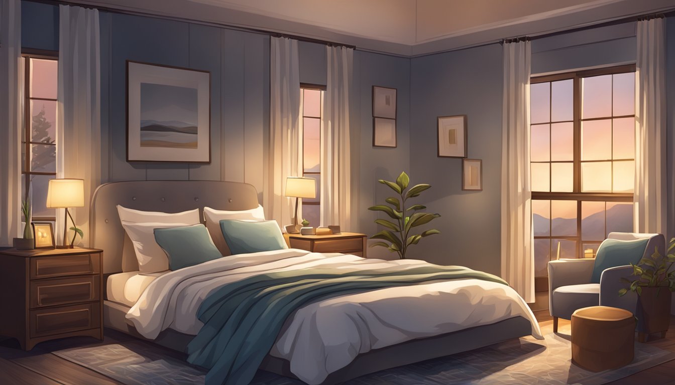 A cozy bed with a supportive pillow, dim lighting, and a serene atmosphere for a peaceful night's sleep