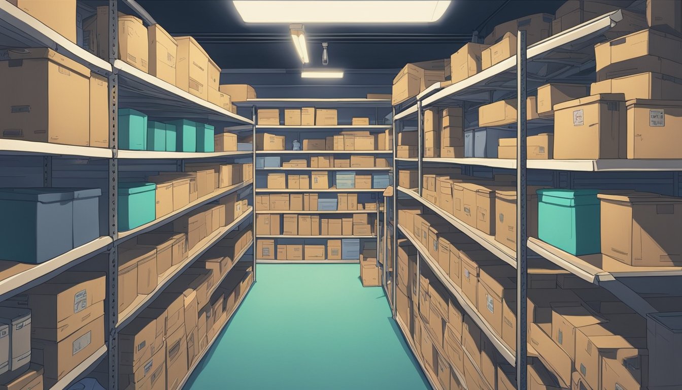 A cluttered storage room with outdated shelves and boxes, a contrast to a modern, organized storage space with efficient shelving and labeled containers